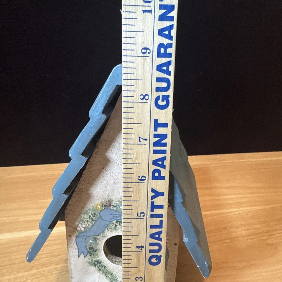 Vintage Decorative Birdhouse White Blue Roof Floral Wreath 8.75” Tall Cottage - Image 2 of 4