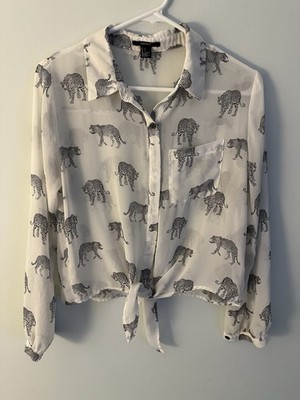 Forever 21 Women's White Blouse Cheeta Print Front Tie Button Up Small New