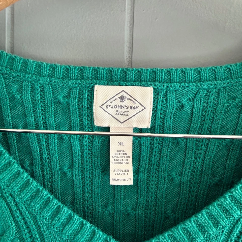 Suéter para mujer St. John's Bay verde tejido con cable cuello en V XL mezcla de algodón Foto 3 de 4