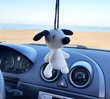 White Dog Handmade Crochet Car Rear View Mirror Holder, Hanging Car Accessory