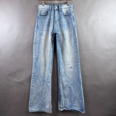 Basketcase Gallery Jeans Mens 28x32 Blue Flared Wide Denim Pants Painted Washout