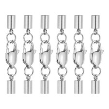 6Set 3.5mm Leather Cord End Caps with Lobster Claw Clasps Connector, Silver