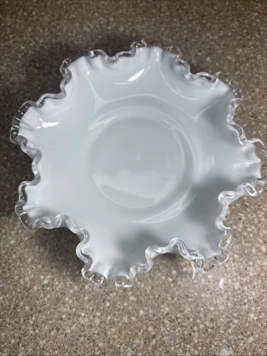 Vintage Fenton Silver Crest Milk Glass Ruffled Edge Candy Dish 8”