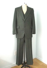 EXCELLENT Vtg 70s Forest Green Herringbone Tweed 3-Pc Suit Wide Flare Legs 42L