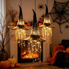Halloween Lighted Witch Hat Hanging Chime Glowing Mesh Star Outdoor Party D cor
