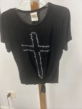 EUC Dirtee Laundry Black Graphic Front Tie T-Shirt Prayer Women's Size Medium 