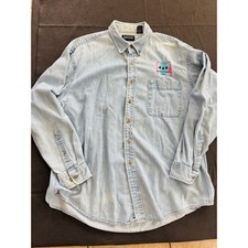 Vintage Lands End Denim Shirt XL Light Wash Northern Lights Embroidered USA Made