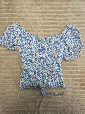 Damen Top floral blau Sommer Bluse Puffärmel Y2K Style