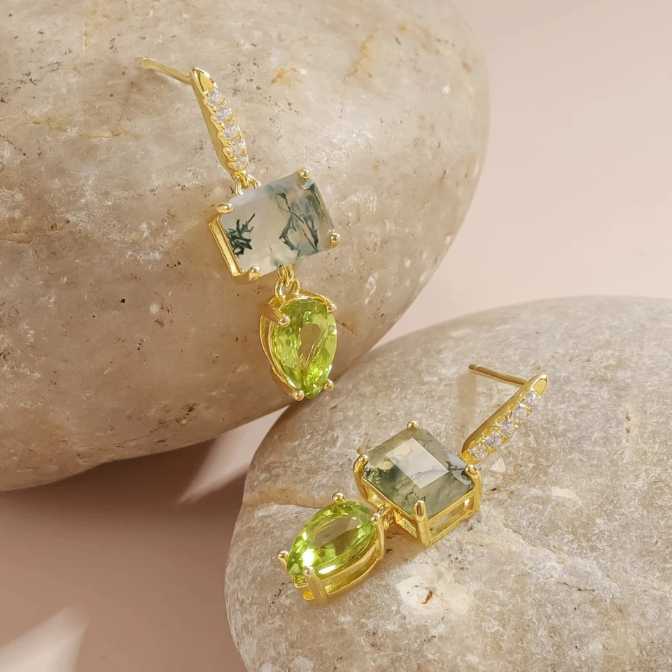 Exquisitos pendientes colgantes de plata 925 con piedras preciosas de peridoto de ágata musgo natural Foto 4 de 4