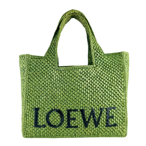 Auth LOEWE Font Tote Small Handbag Shoulder Bag Green/Black Raffia - z10094