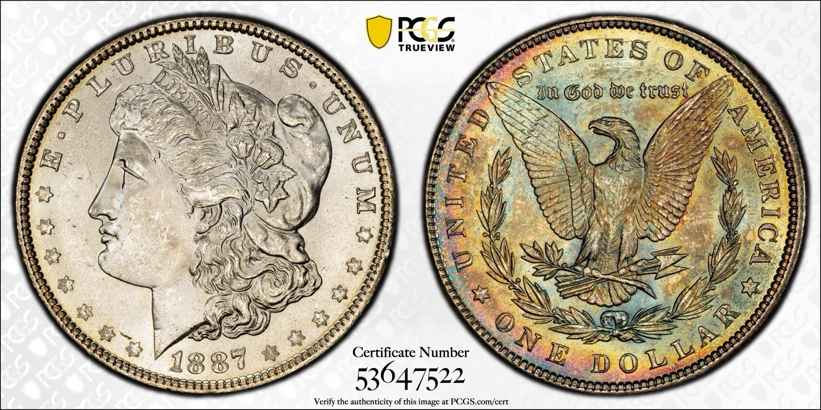 1887 PCGS MS65 -Bright Rainbow Reverse Toner VAM 35 Morgan Silver Dollar