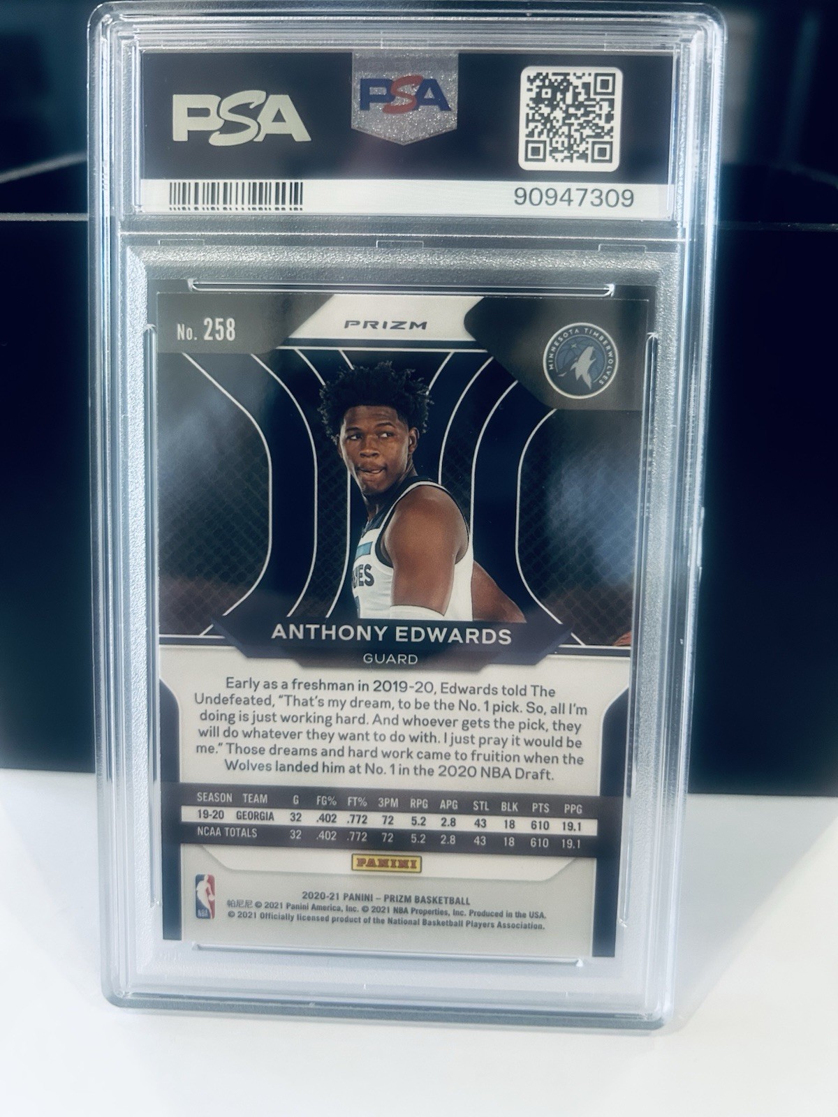 Panini Prizm 2020-21 Anthony Edwards Timberwolves RC Orange Ice #258 PSA 9 view 2