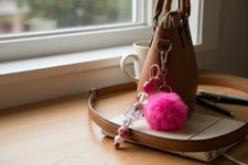 Pink Beaded Keychain With Fluffy Pom-Pom Charm Purse Clip Accessory