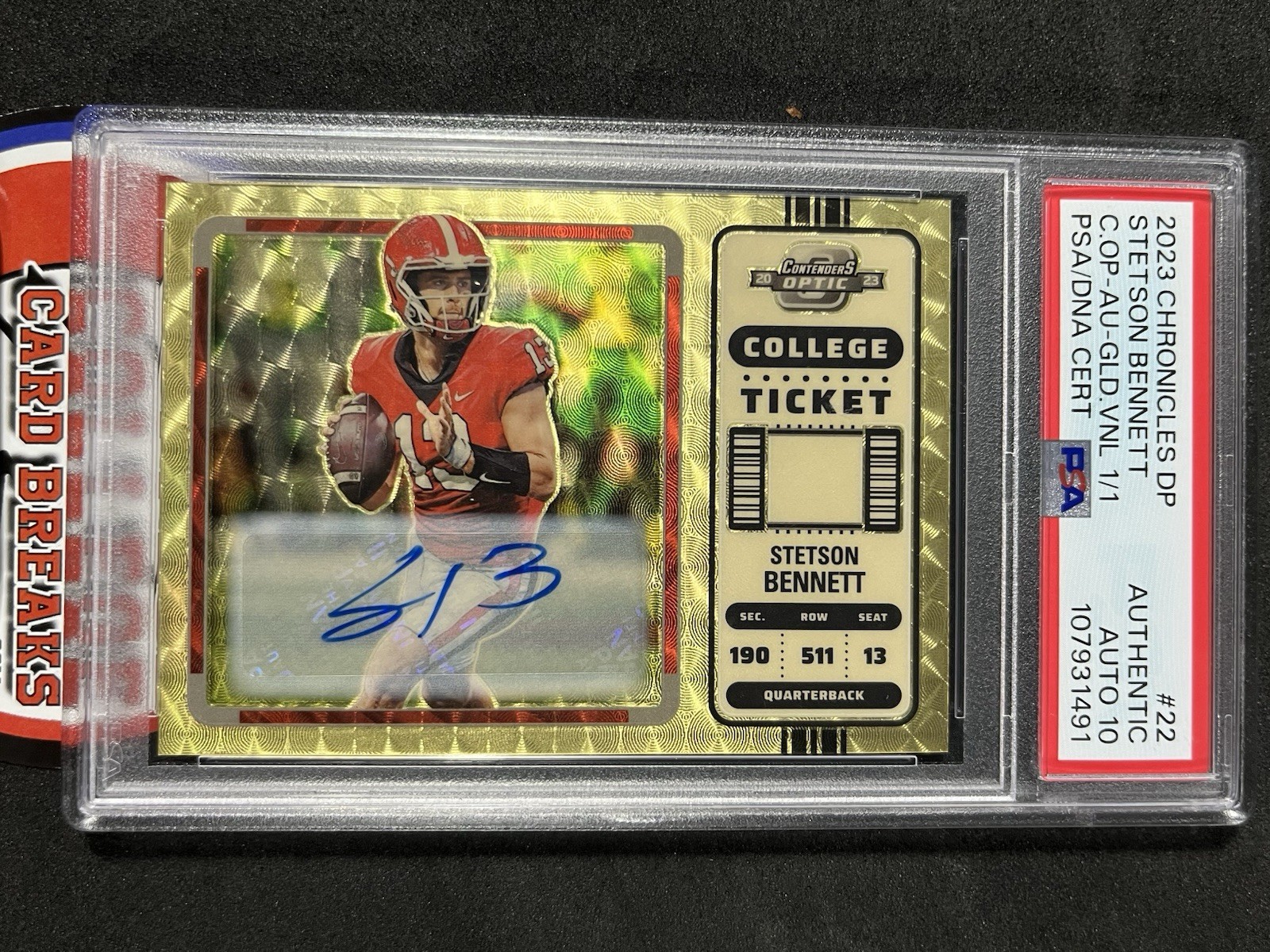 Stetson Bennett RAMS 2023 1/1 GOLD VINYL AUTO CONTENDERS OPTIC PSA COLLEGE TICKET #22 