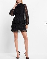 Express S Lace Mock Neck Long Sleeve Tiered Ruffle Dress Cocktail Holiday Party