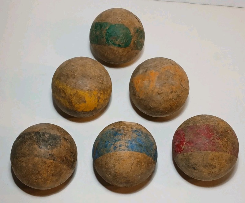 Set of 6 One Stripe Antique Primitive Croquet Balls Wooden Croquet Balls 3.5"