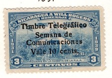 Nicaragua 1939 Will Rogers 10c on 3c Communications Week overprint MLH