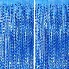 Blue Backdrop Wavy Tinsel Foil Fringe Curtains for Parties 2 Pack, Dark