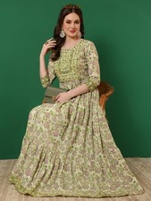 Green Kurta Women Floral Printed Flared Anarkali Kurti Gown Dress NEW