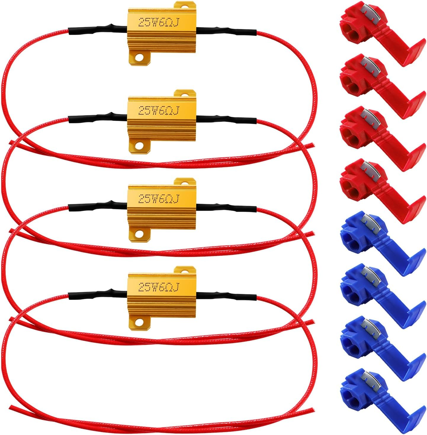 4 PCS 25W 6Ohm LED Load Resistor, Flasher Adaptor Flash Fix Error, with 8 Quick
