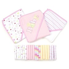 Spasilk Bath Hooded Towels Washcloths Set for Babies, 23-Piece Set, Pink