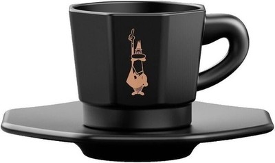 Bialetti Octagonal Espresso Cups Set of 4 Matte Black Rose Gold Saucers 75ml