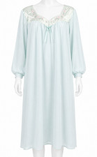 Vintage Nightgown Blue Long Sleeve Floral Lace Trim Sleep Dress Lorraine XL