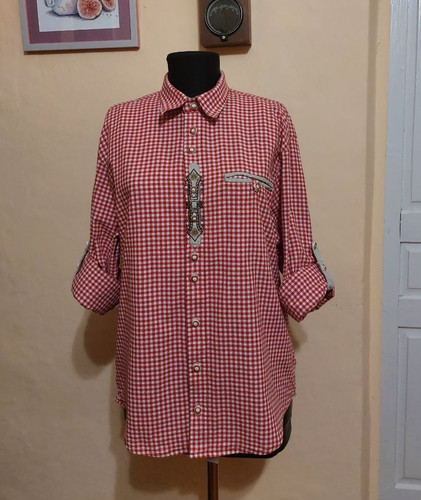 Vintage Austrian Trachten Shirt Red Gingham Embroidered Oktoberfest Men L Cotton