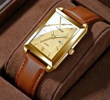Luxury Mens tank style watch gold and leather