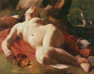 Oil Painting Naked Drunken Woman Sleeping In Landscape Under The