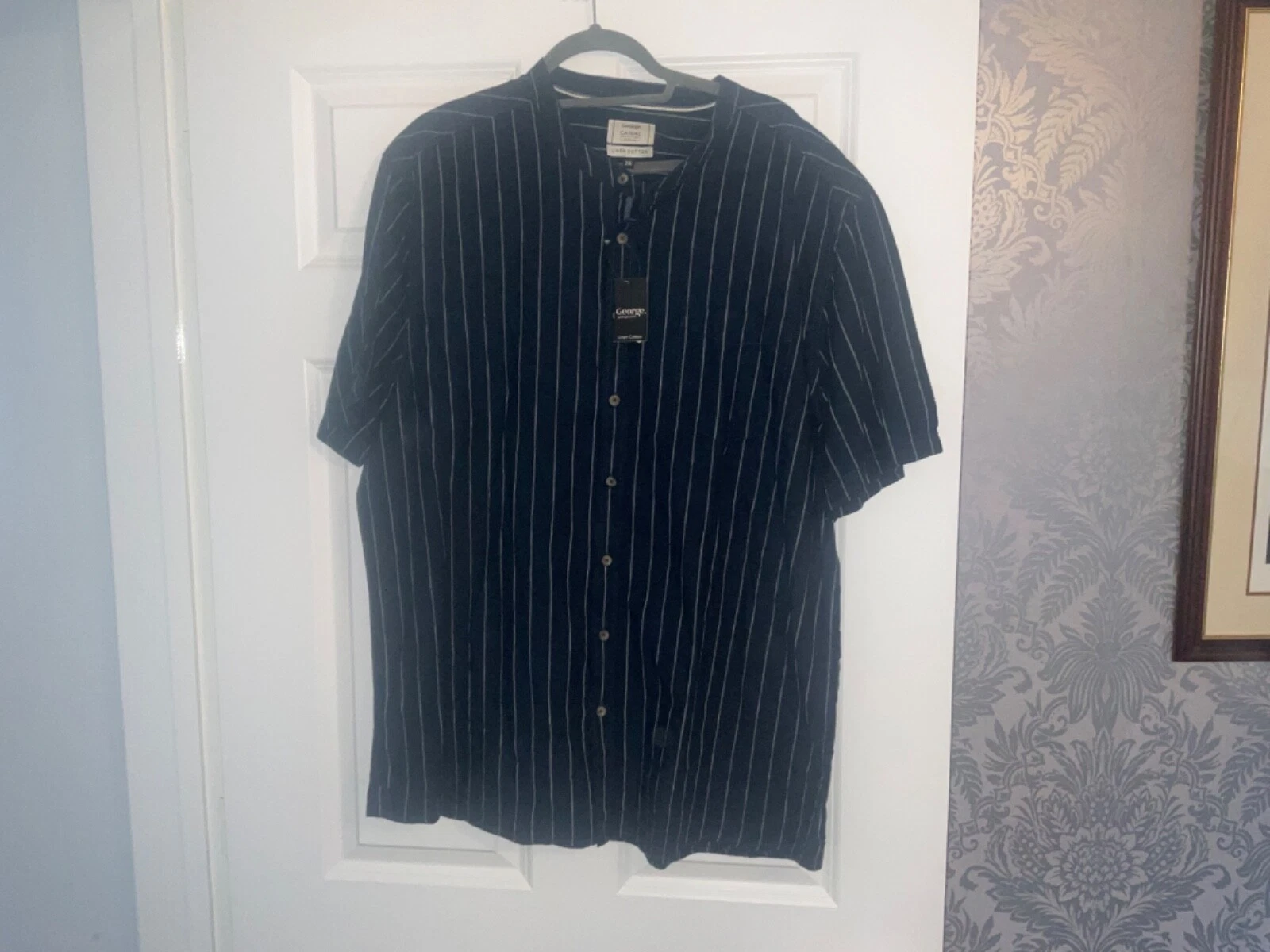 GEORGE MENS NAVY STRIPE SHORT SLEEVE LINEN SHIRT XXL BNWT