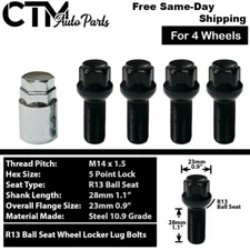 4x Black 14x1.5 Ball Seat Wheel Lock Bolt Fit Porsche Bentley McLaren &Other EU