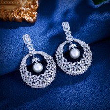 CZ Long Dangle Pearl Wedding Earring for Brides 925 Sterling Silver Jewelry Gift