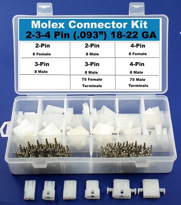 198pcs Molex 2-3-4 Pin Gauge Connector Kit 0.093'', Wire Gauge 18-22 AWG
