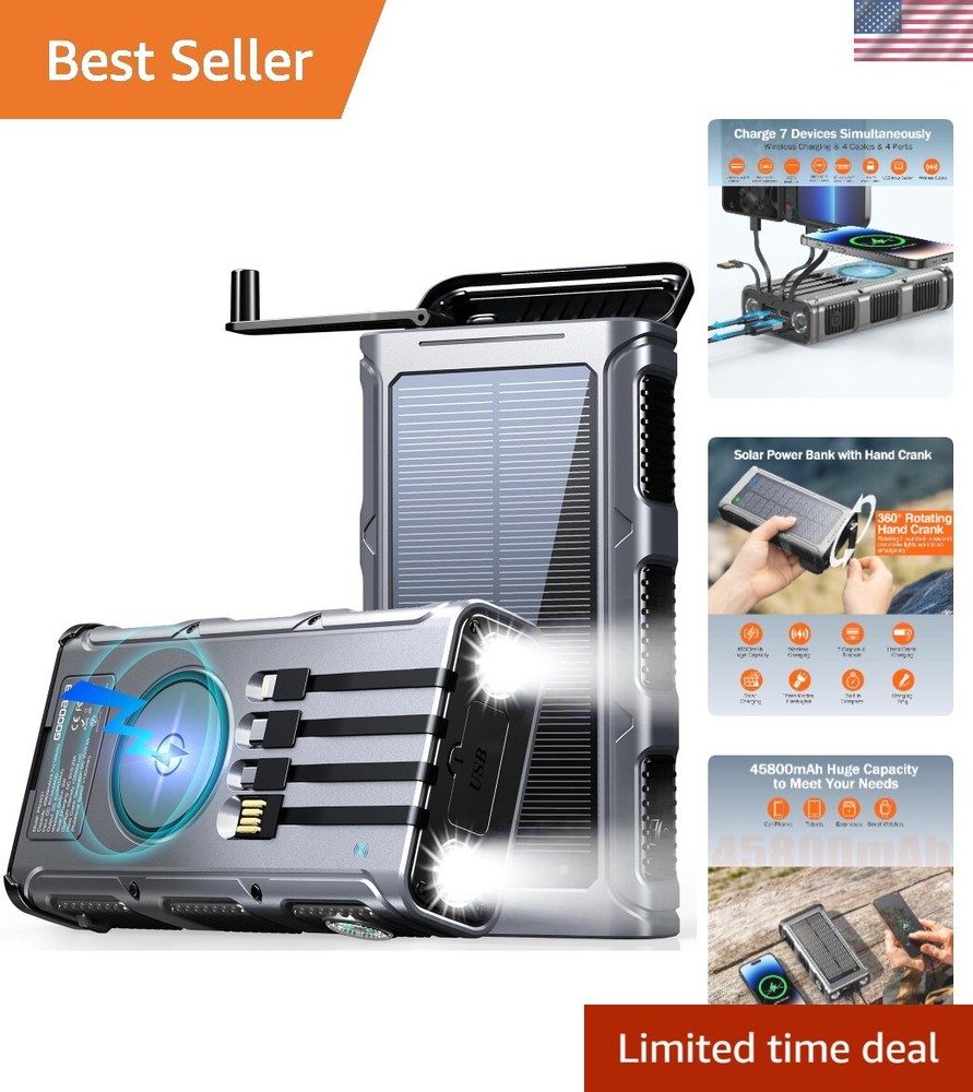 High-Capacity 45800mAh Solar Power Bank with 7 Outputs & Wireless Charging