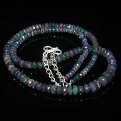 AAA Natural Ethiopian Welo Fire Black Opal Faceted 3-5mm Beads Gemstone Necklace