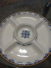  World Market 5 sectioned HUGE  white blue flowers chip dip bowl platter MINT
