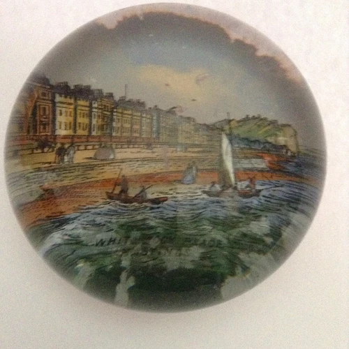 Antique Victorian White Rock Place Hastings Souvenir Glass Paperweight 2.25''