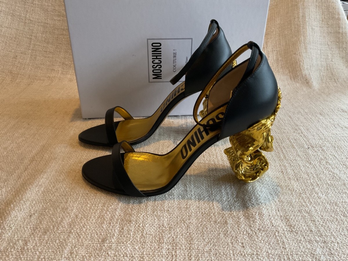 MOSCHINO Gold Heel Strappy Sandals Sculpted Baroque Black Uk 7