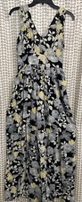 En Creme Maxi Sleeveless Summer Dress High Slits Navy Blue & Yellow size Small