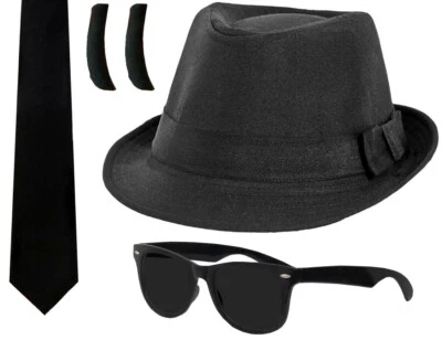 ILOVEFANCYDRESS 1980'S BLUES FANCY DRESS COSTUME CHOOSE SET HAT GLASSES TIE SIDEBURNS 2 SIZES