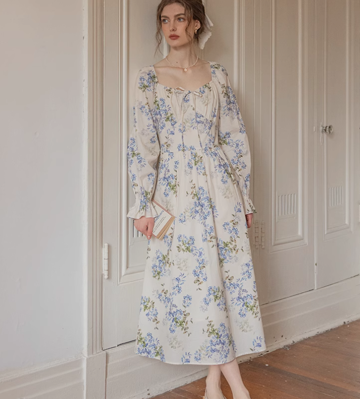 Womens Floral Printed Square Neck Long Sleeve Mid Long High Waist Cotton  Dresses | eBay
