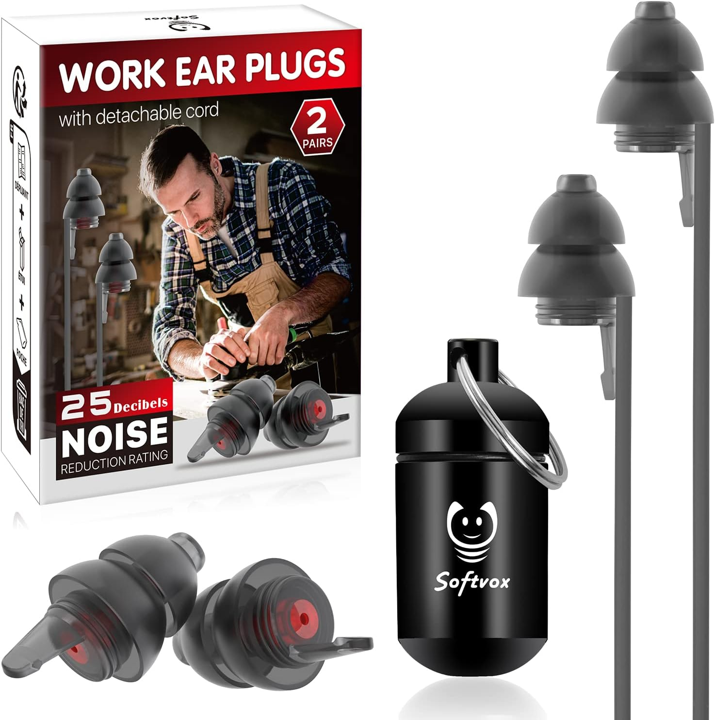 Corded Ear Plugs for Work [2 Pairs], 100X Reusable Noise Reduction Soft Earplugs