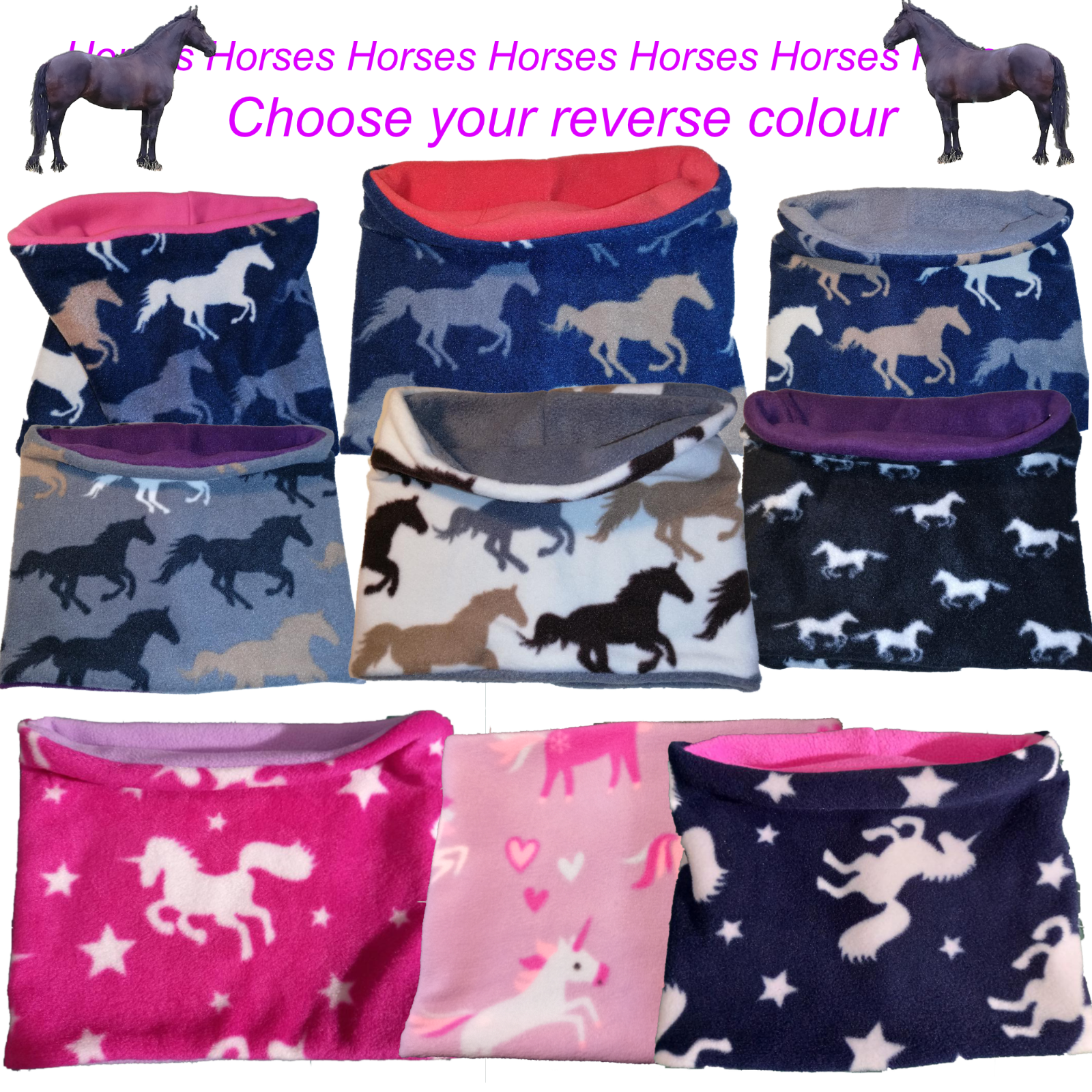 Scaldacollo in pile stampa cavallo unicorno snood 2 taglie pony reversibile