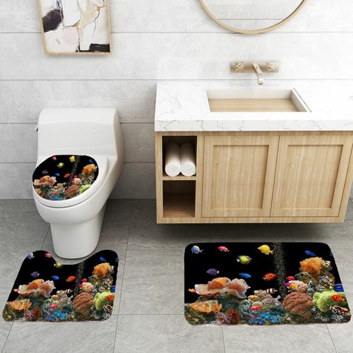 Aquarium Fish Waterproof Shower Curtain Set Non-Slip Bath Mat Toilet Lid Cover - Picture 3 of 14