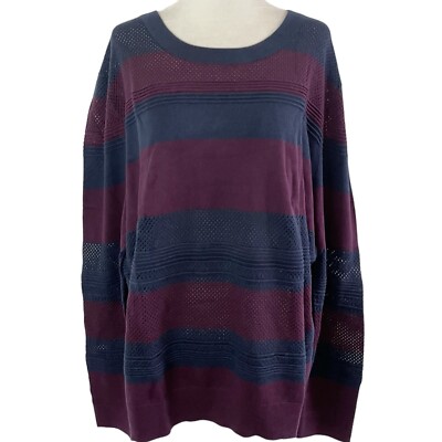 New Market Spruce Textured Open Knit Striped Sweater Navy