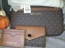 New Michael Kors Brown Logo Crossbody Handbag and Card Case Set Coated Canvas 