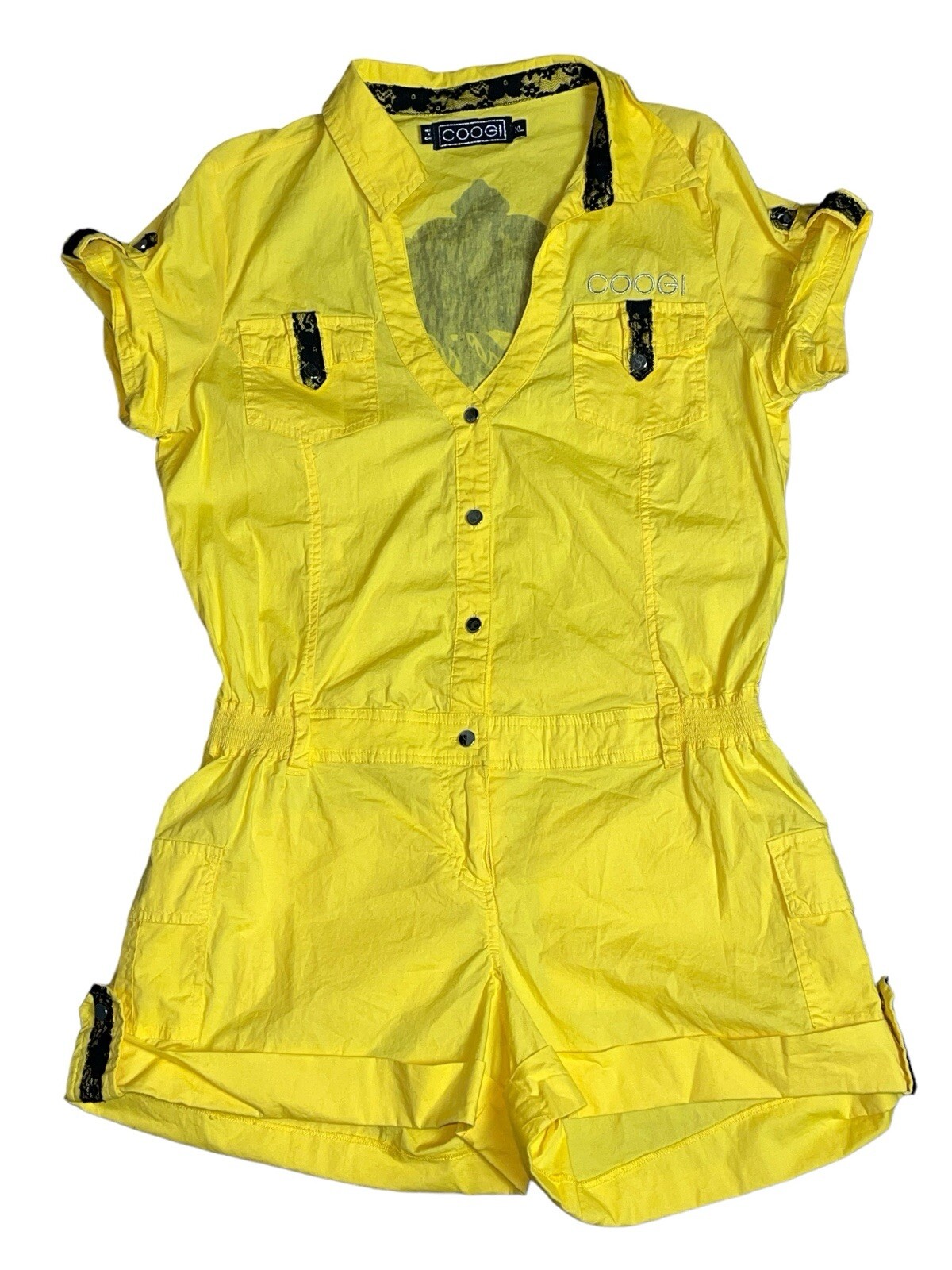 Coogi Romper XL Womens Yellow Short Sleeve Stretch Embellished Cargo Jumpsuit-image