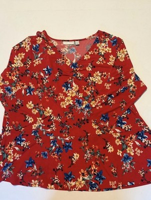 Susan Graver Women s Plus liquid knit 2X 3/4 Sleeve Red Floral Knit Tunic Blouse