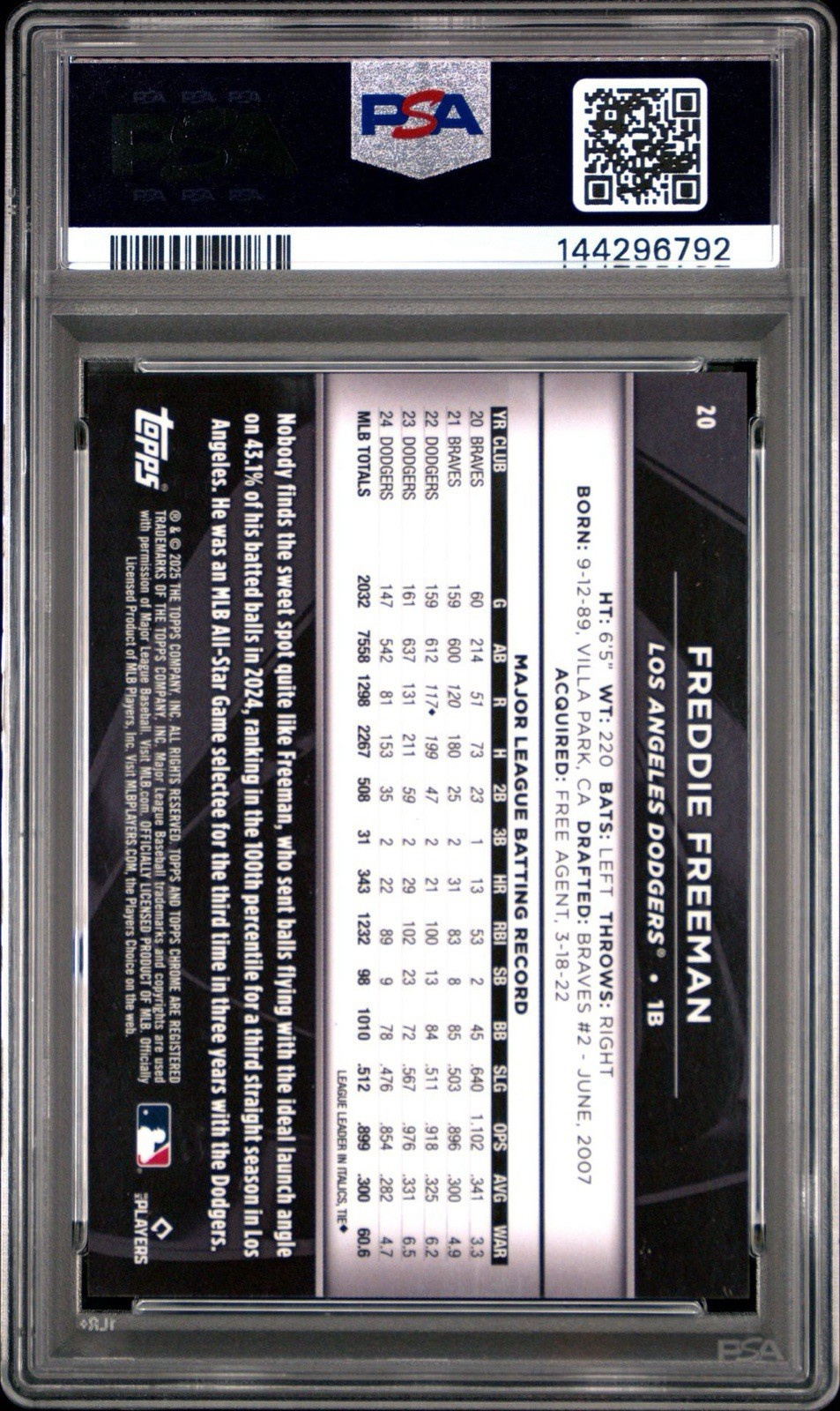 2025 Topps Chrome Black Freddie Freeman /10 Dodgers PSA 10 GEM MINT Black view 2